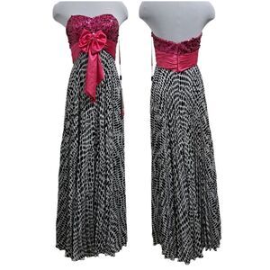 Night Moves Strapless Polka-Dot Formal Maxi Dress Front Bow Tie S 8 Fuschia NWT